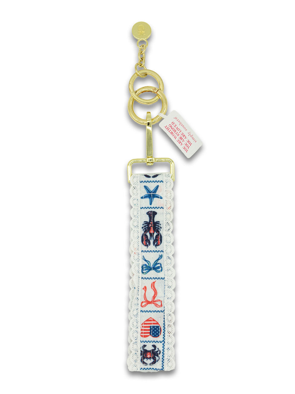 Lobster patch lace keyfob with light blue embroidered lobster design and gold keyring