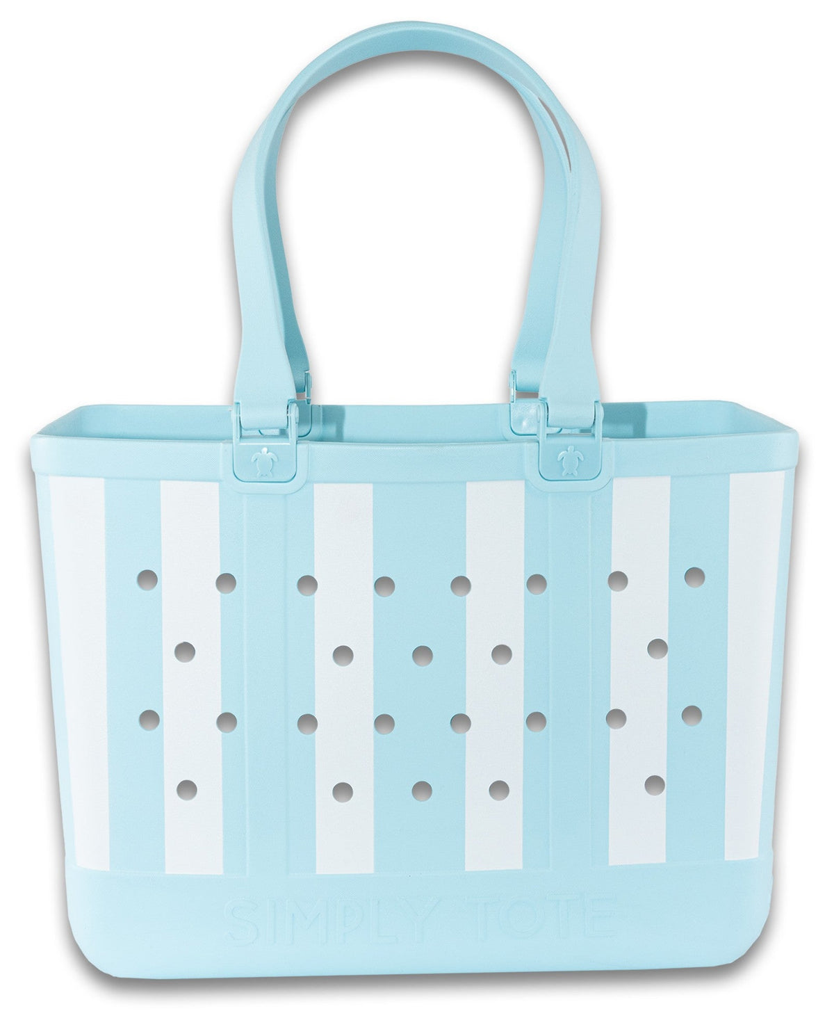 Light blue large tote bag with perforated dot panels and double top handles