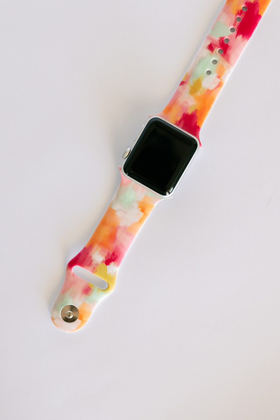 Watercolor wave watch band with metal pin and clasp, pink and orange splash design
