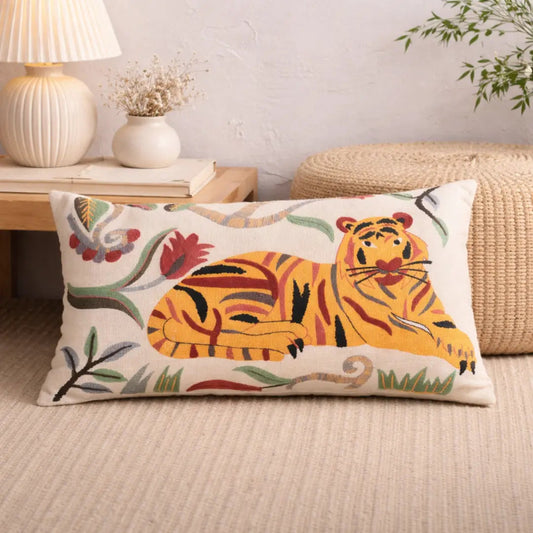 Rectangular cotton pillow with tiger illustration and floral vine accents on white fabric