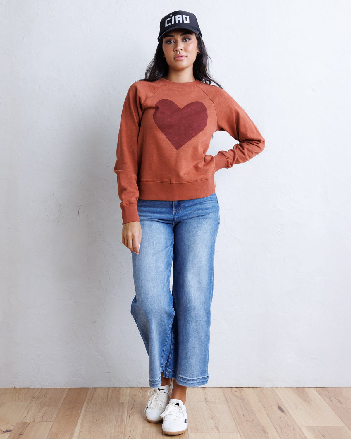 Copper brown heart graphic crewneck sweatshirt, full body