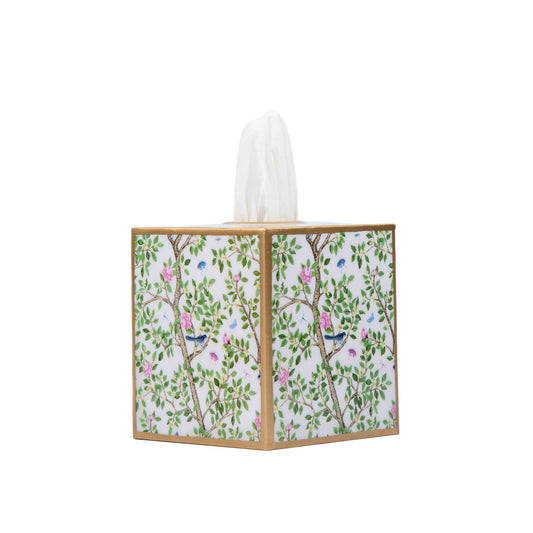 Square tissue box cover with botanical floral print and white tissue protruding