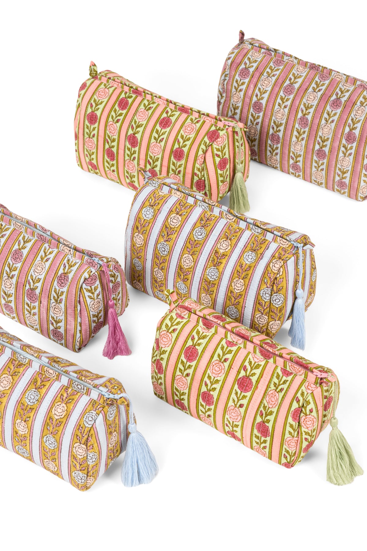 Vintage floral striped makeup bags set with zippers and tassels, front view