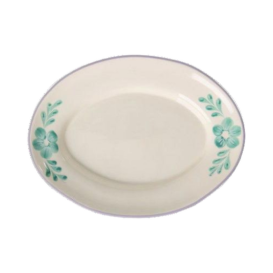 Medium ceramic oval platter with hand-painted green flower vine accents