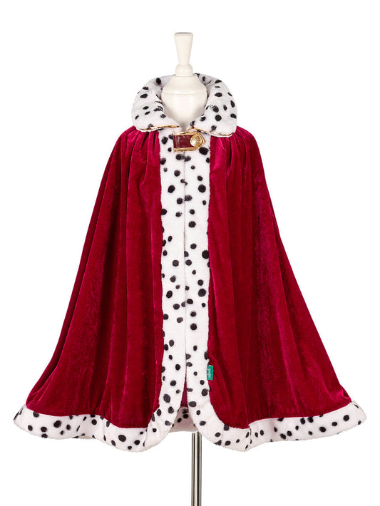 Kids king costume cloak with burgundy velvet and white spotted fur trim
