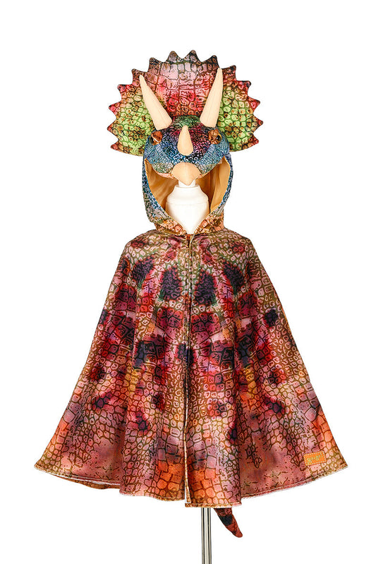 Kids dragon costume hooded cape with spiked collar, colorful printed fabric and horned hood