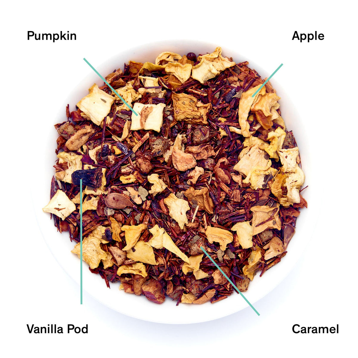 Loose Psychocandy rooibos tea blend with pumpkin, apple, vanilla pod, and caramel pieces.
