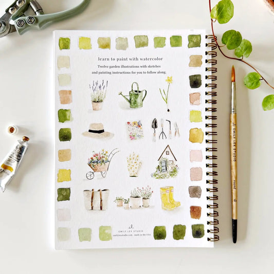Garden watercolor workbook page with plant illustrations, color swatches, and painting instructions