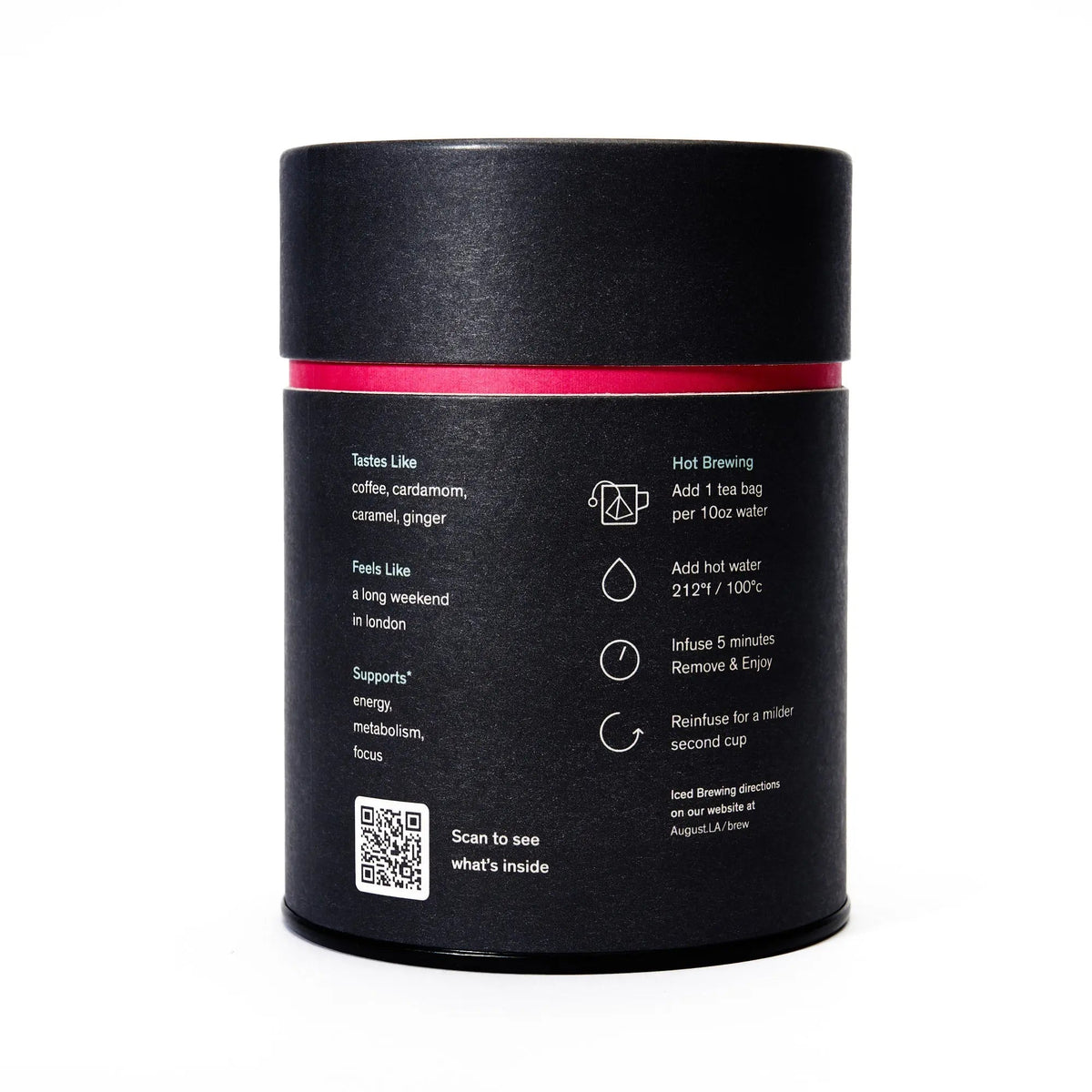 Back of the Dirty Chai tea tin with brewing instructions and a QR code.