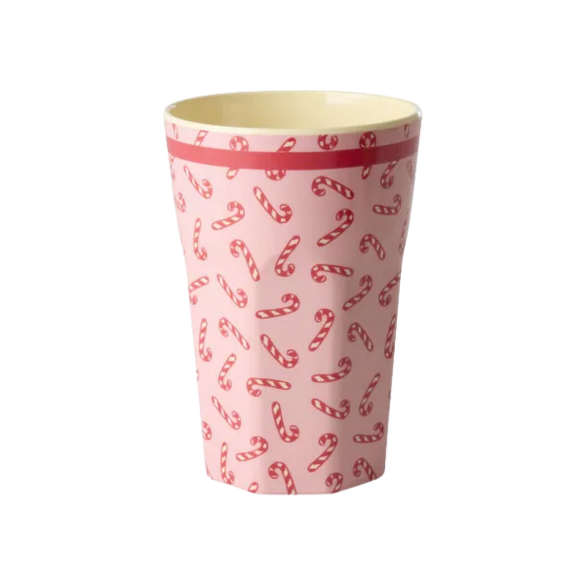 Tall melamine cup, pink with red candy cane print, festive holiday design