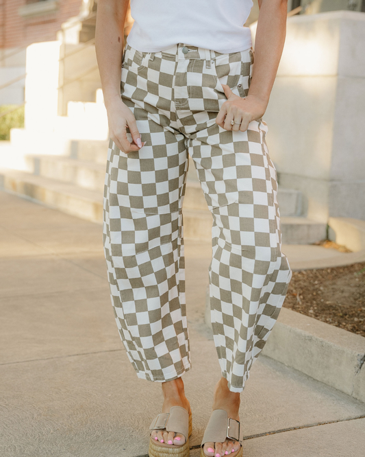 Sage green and off-white checkered denim barrel pants with belt loops