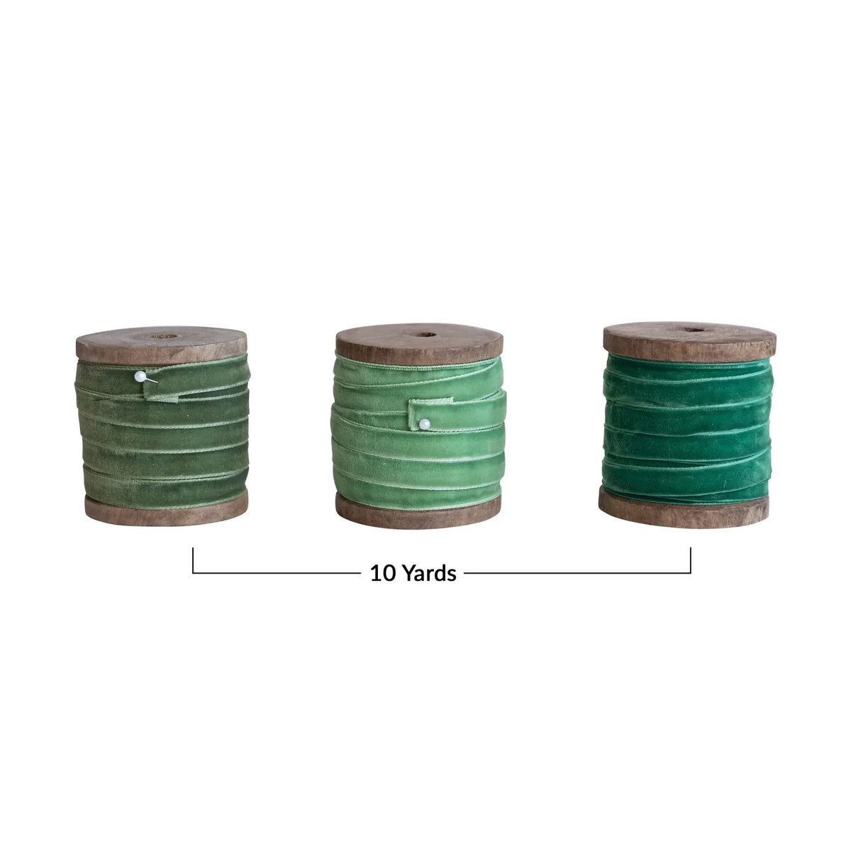 10-yard velvet ribbon on rustic wood spools, three green shades