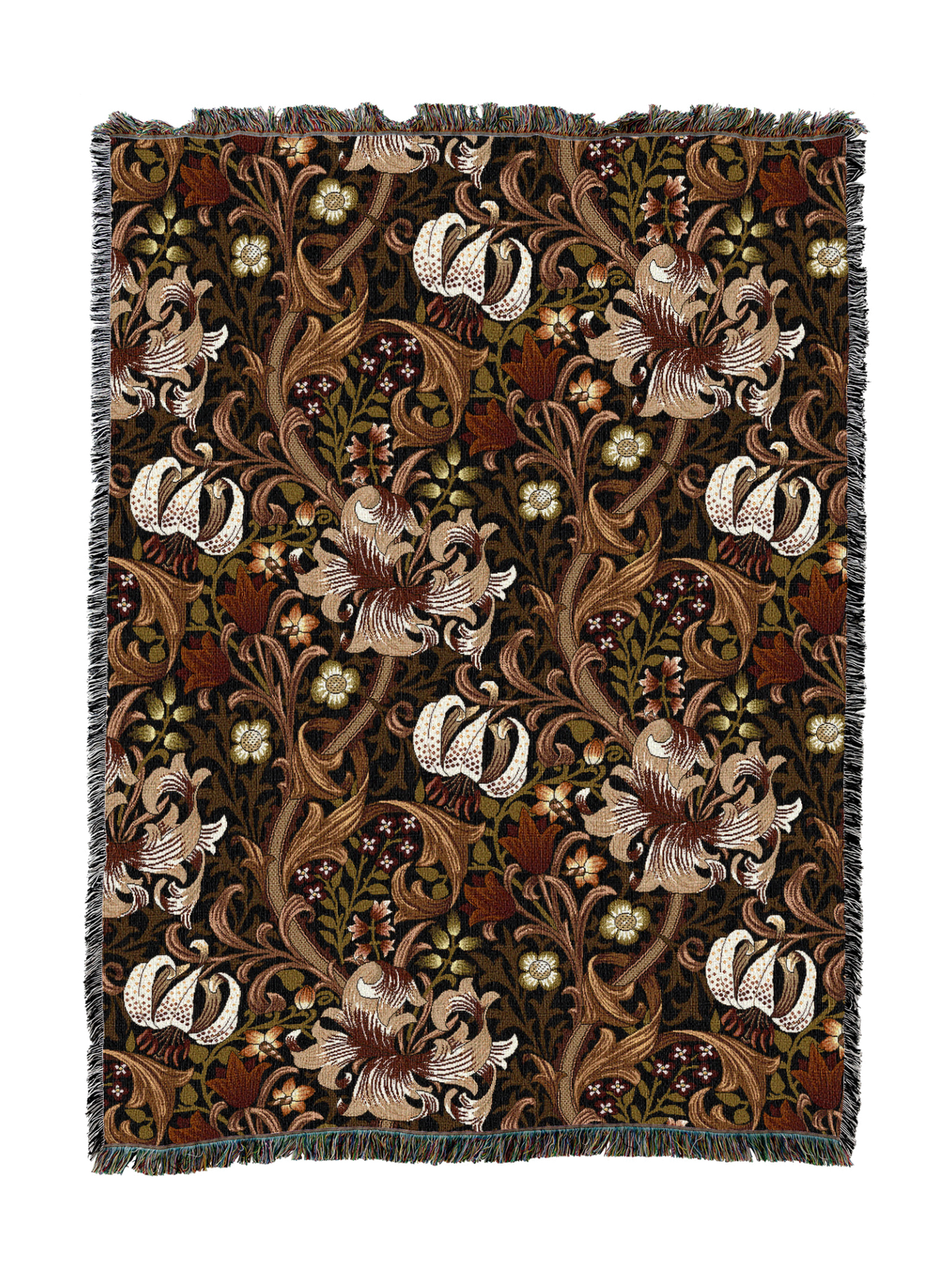 Golden Lily blanket with rich dark brown and gold floral pattern and decorative tassel fringe