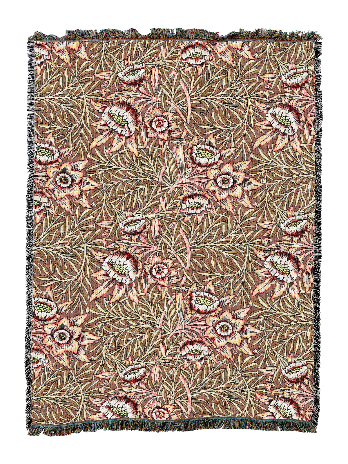Dusty rose floral blanket with tulip-and-willow motif and cream flowers, fringed edge