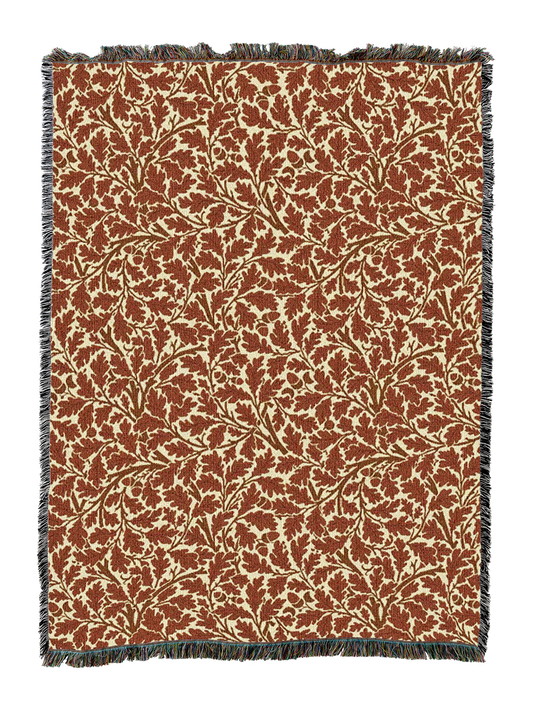 Rust-brown Oak Tree blanket with leaf motif and dark fringe