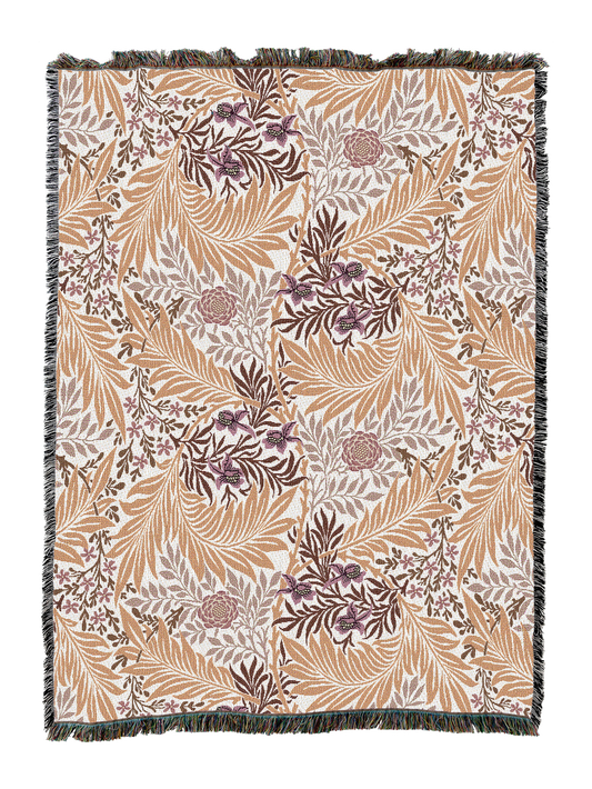 William Morris Larkspur blanket, peach base with purple-and-rose botanical print