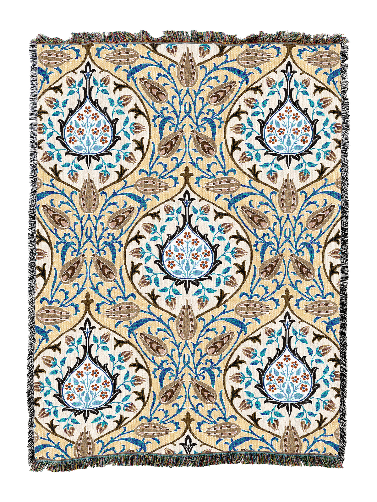 Cream blanket with blue and teal rosebud motifs and fringed edges