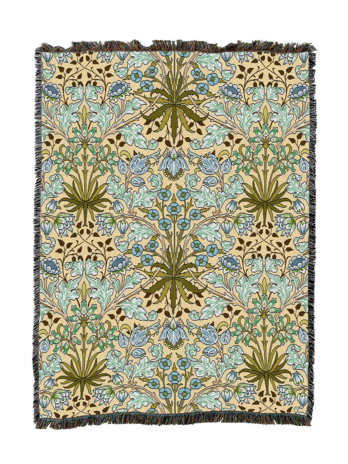 Beige botanical hyacinth blanket with blue floral motifs and tassel fringe border