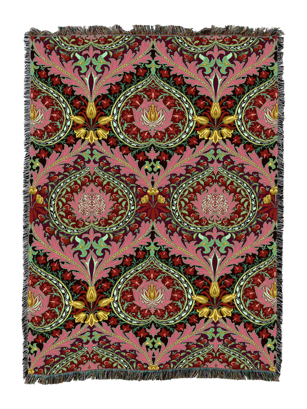 William Morris Eden blanket with medallion floral design in burgundy, green, and gold; fringed trim