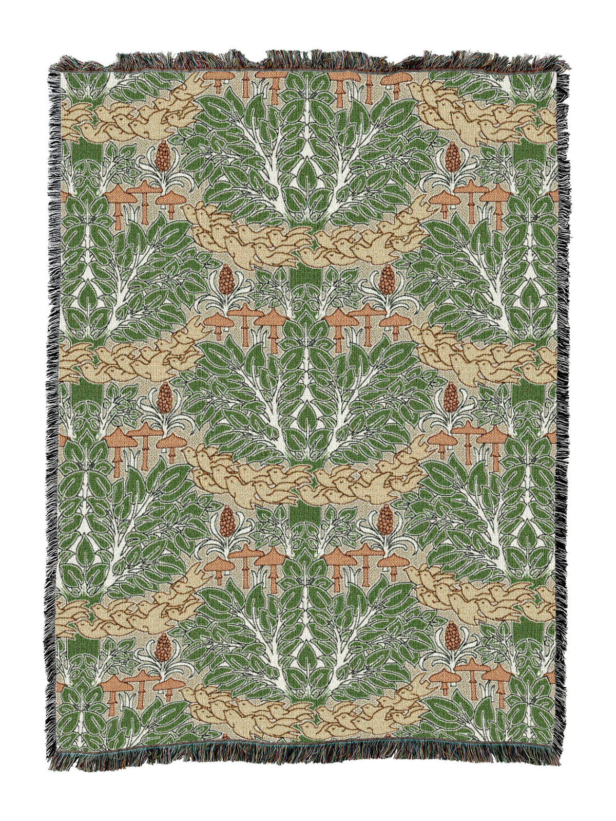 Cfa Voysey Fairyland blanket, green woodland pattern with rows of trees and animals, fringed