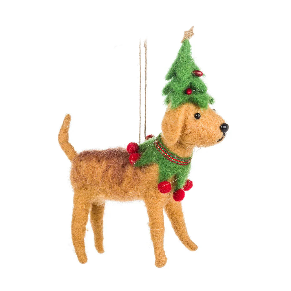 Wool felt dog ornament with green Christmas tree hat and red trim, hanging