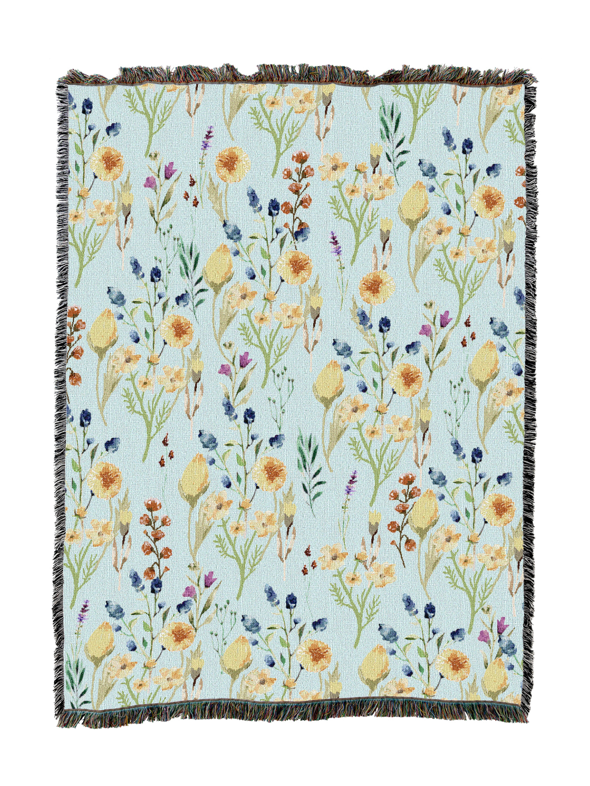 Floral bloom blanket with yellow and blue wildflower print and fringed border