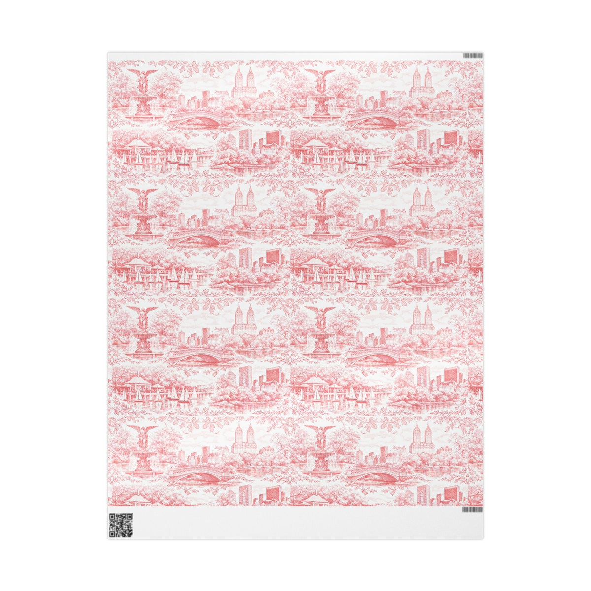 Red and white toile wrapping paper sheet with repeating cityscape motifs