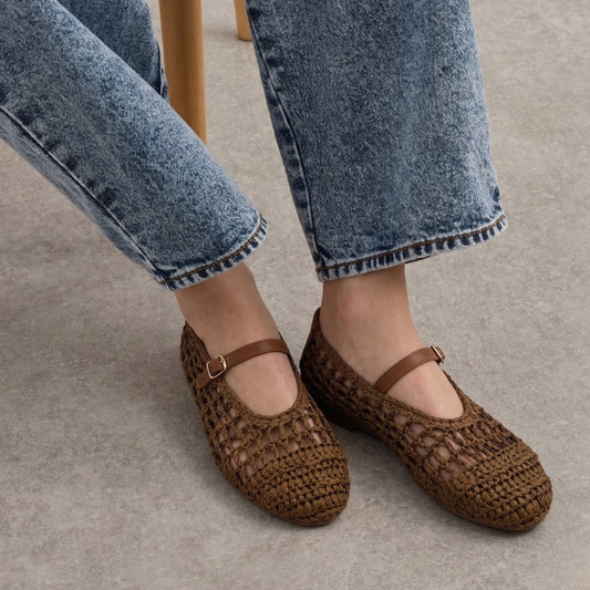 Woven brown Mary Jane flats with ankle strap and rounded toe