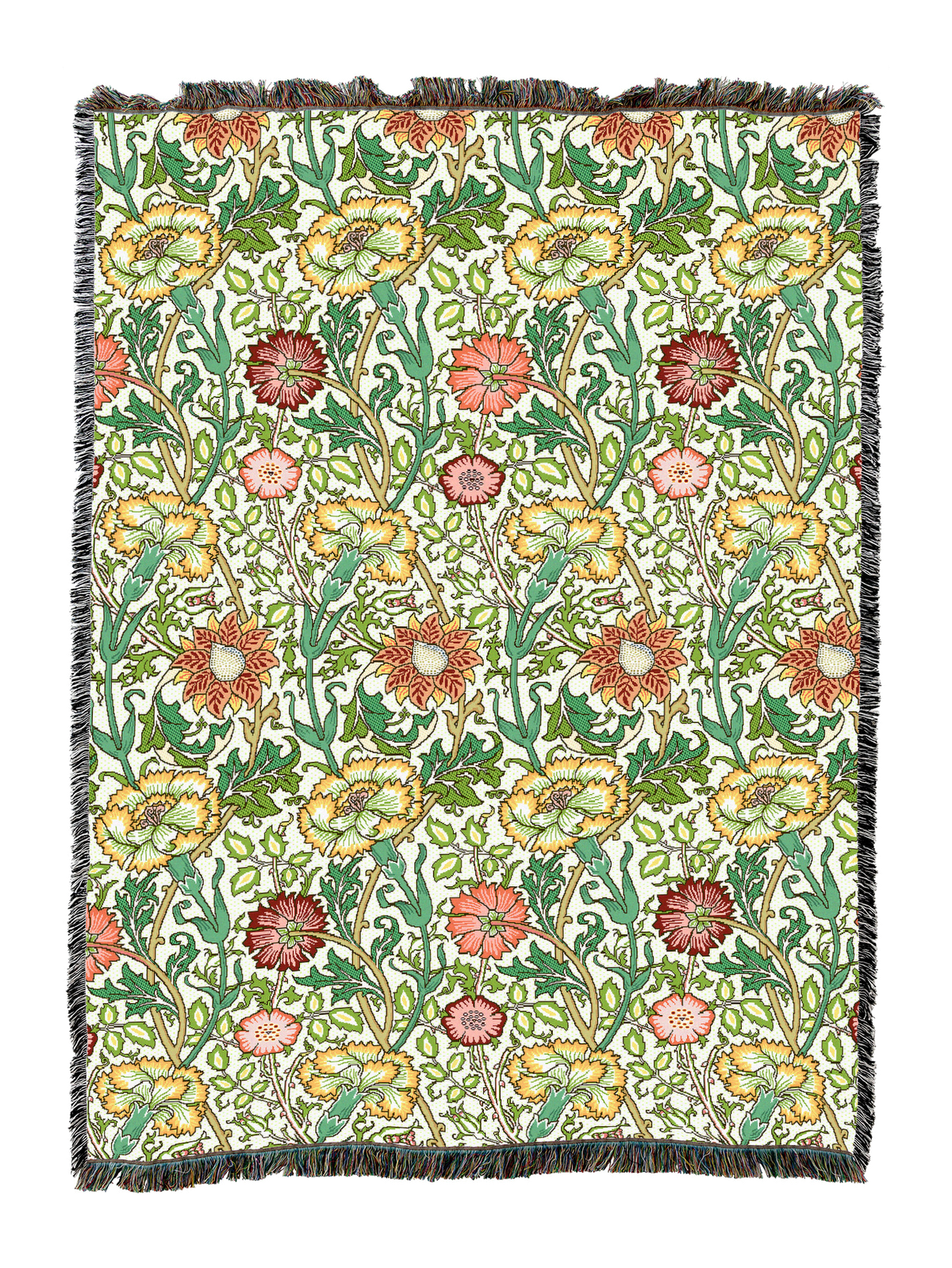 William Morris floral woven blanket in light cream with green leaves and orange-red flowers, fringed
