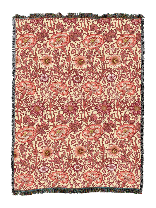 William Morris floral blanket in coral-pink rose pattern with fringed border
