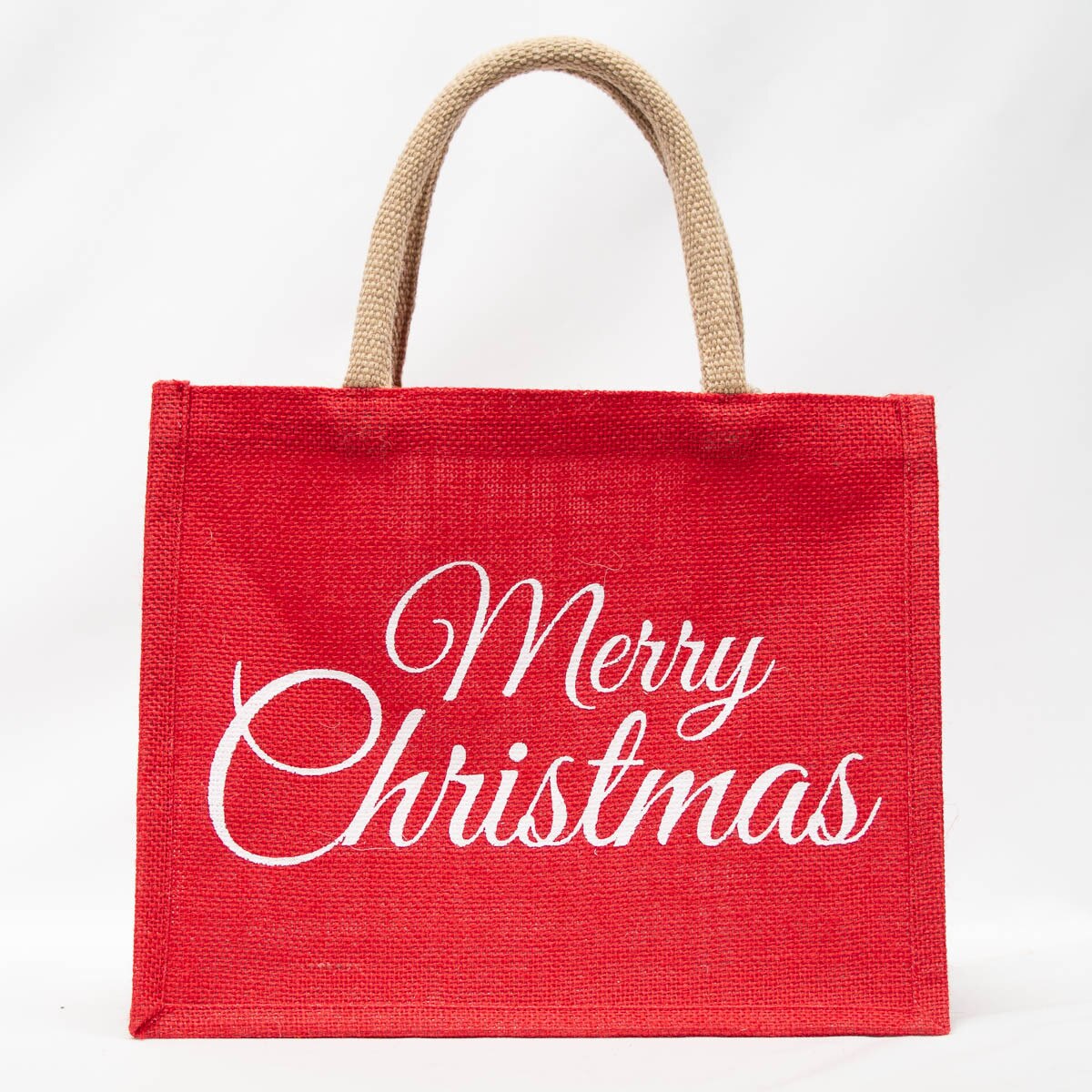 Red jute tote bag with white "Merry Christmas" script front print