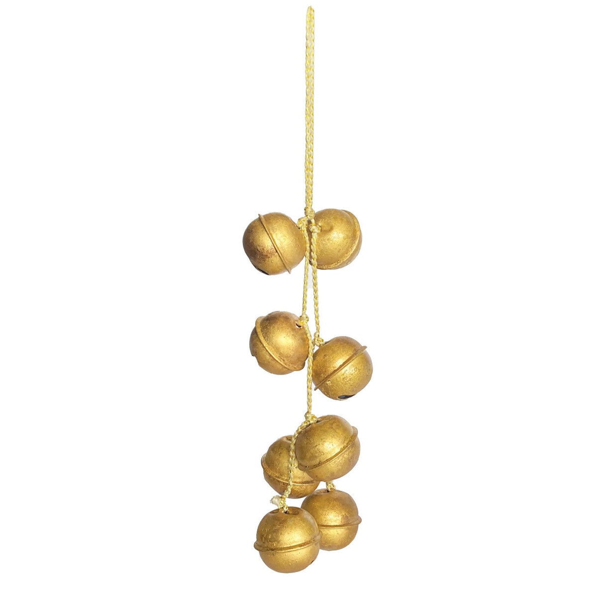 Hanging gold metal jingle bell cluster on white and gold cord, five bells visible