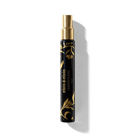 Lavender & Rose perfume spray bottle, black with gold cap and gold decorative accents