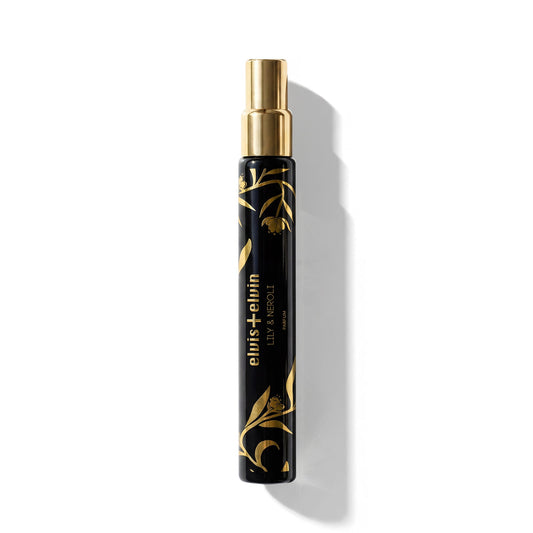 Lily & Neroli perfume bottle with gold spray cap and black barrel with gold leaf design