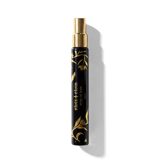 Rose of Eden perfume spray bottle, black with gold cap and ornate label