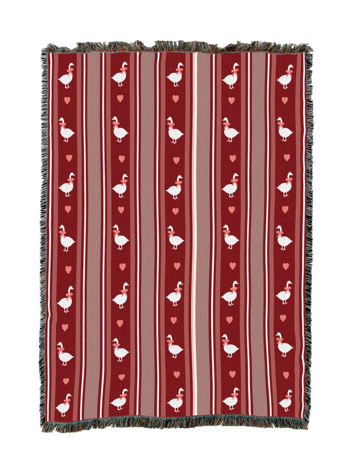 Striped goose hearts blanket in burgundy with white geese and hearts, fringed border