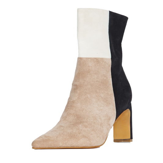 Color-block ankle boot with side zip, nude suede front and black upper, block heel