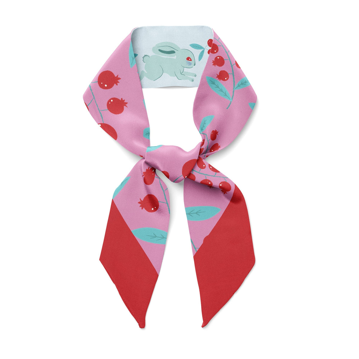 Twilly ribbon scarf with pink and red bunny pattern, large tied bow at center