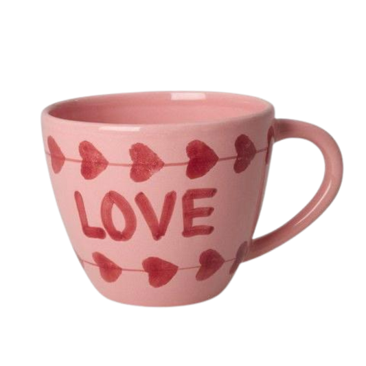 Ceramic jumbo cup, pink with hand-painted LOVE and heart pattern