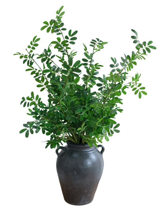 Artificial boxwood stems bundle of 4 in dark ceramic vase, full leafy spray