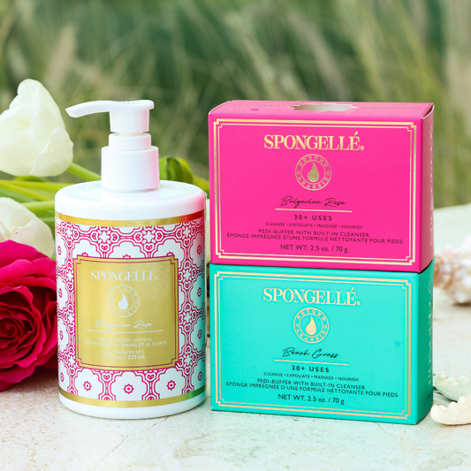Body lotion pump bottle with pink and teal sponge care boxes