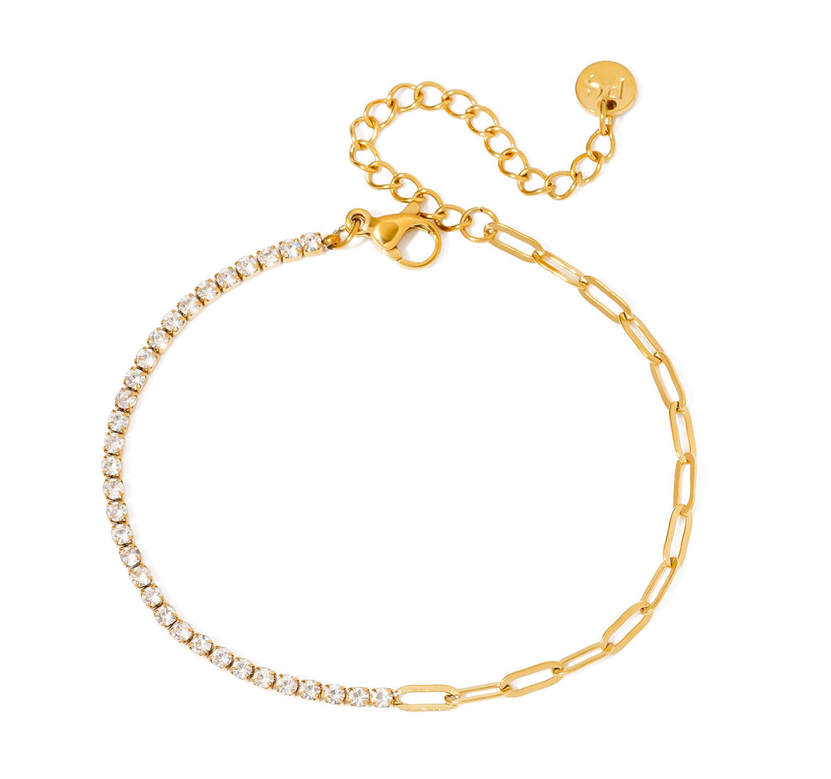Gold-tone tennis chain bracelet with clear stones and round coin clasp charm