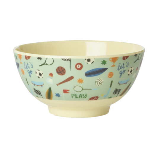 Medium kids bowl with sports print, soft green base and 'Let's go' text