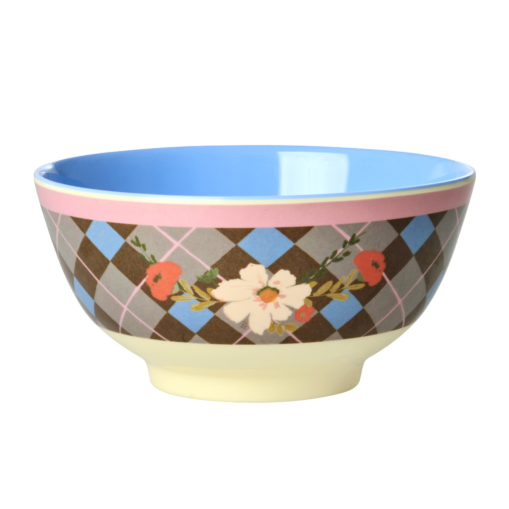 Medium ceramic bowl with brown tile floral print and pink rim