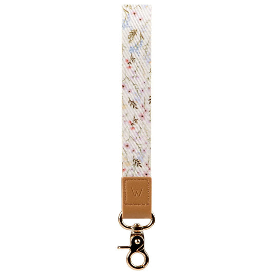 Floral wrist lanyard with brown leather ends and gold metal keyring clasp