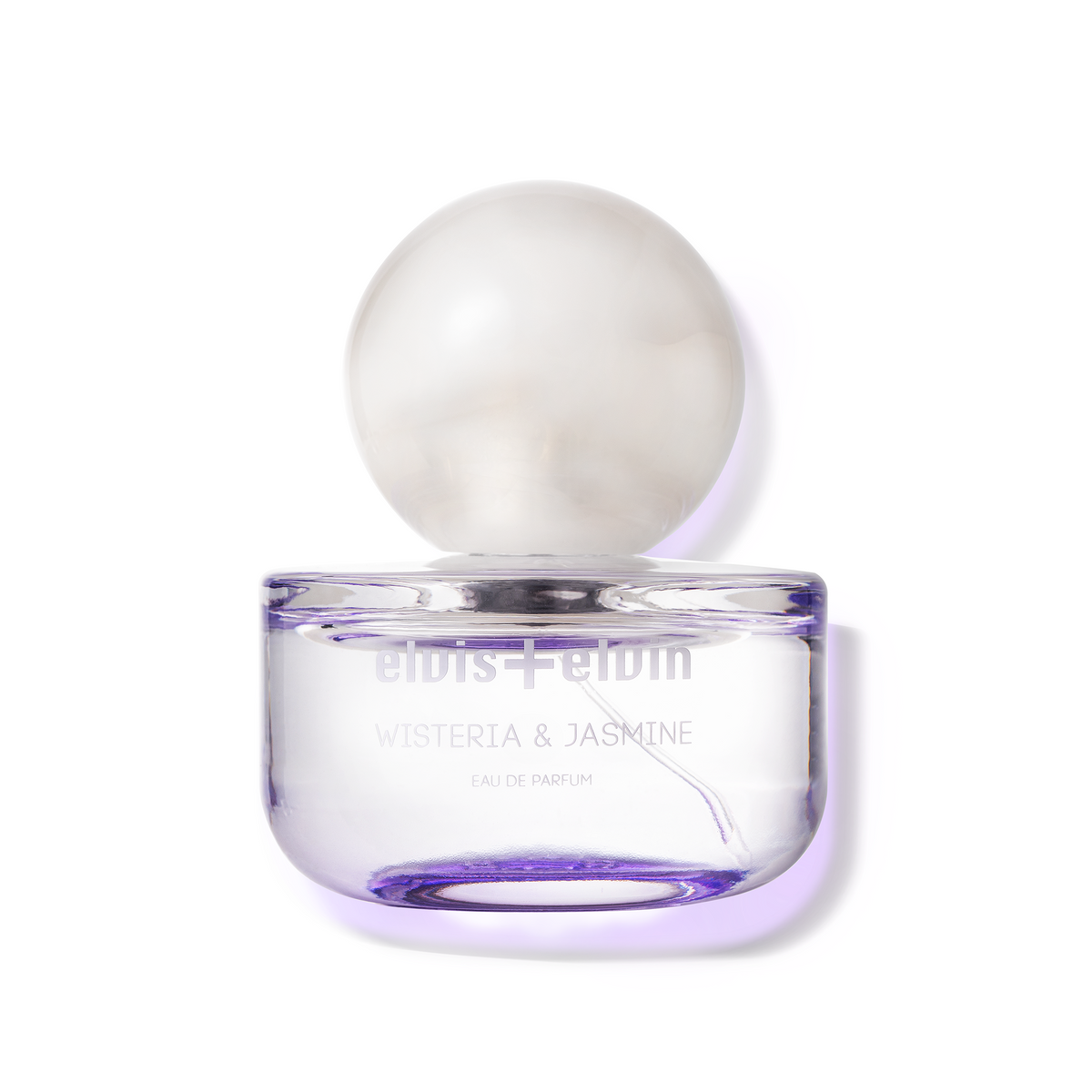 Wisteria & Jasmine eau de parfum bottle with round clear lavender glass dome cap