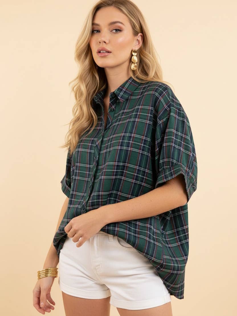Green plaid button-front shirt with collar, short sleeves, and a relaxed fit.