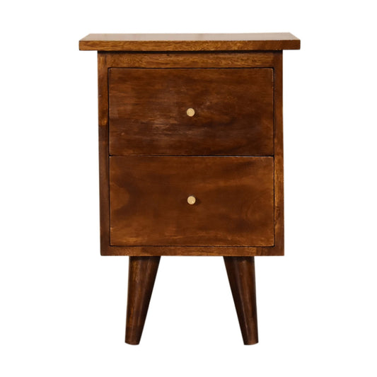 Front view of chestnut wood nightstand with two drawers, brass knobs, and tapered legs