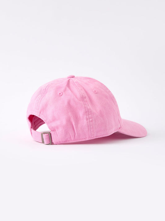 Pink girls baseball cap, side view with adjustable back strap and curved brim
