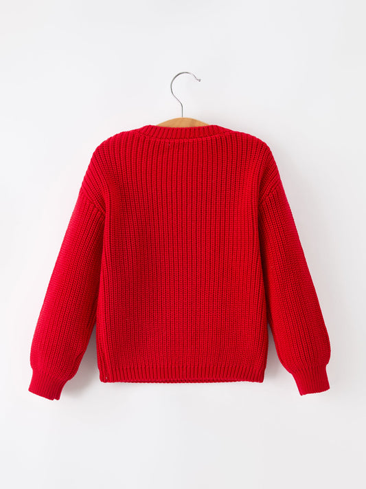 Red girls pullover sweater back view with ribbed knit texture